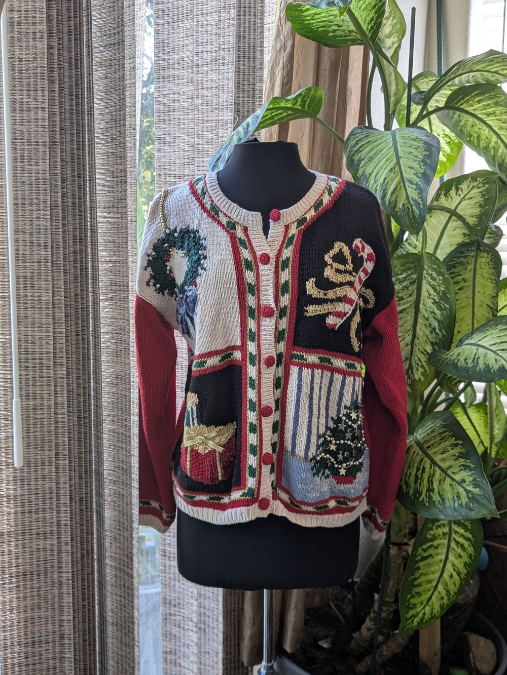 Holiday Patchwork Button-Front Cardigan Sweater in Red and Cream